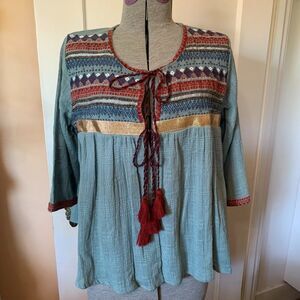 World Market NWT Arleen Jacket Embroidered Beaded Kimono Tie Front Sage Rust Red